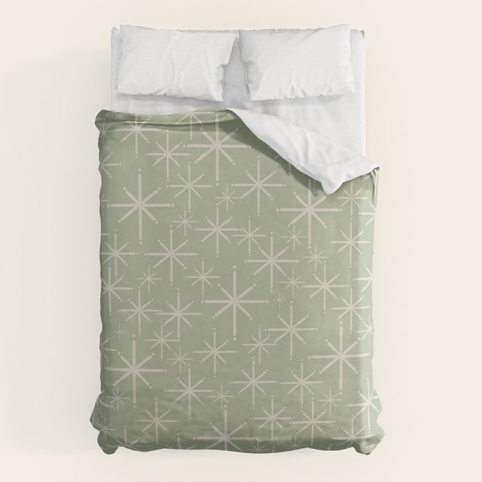 Mid Century Modern Twinkling Retro Starburst Pattern in Sage Green and Beige Duvet Cover Gallery Image 1