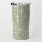 Mid Century Modern Twinkling Retro Starburst Pattern in Sage Green and Beige Travel Mug Gallery Image 3
