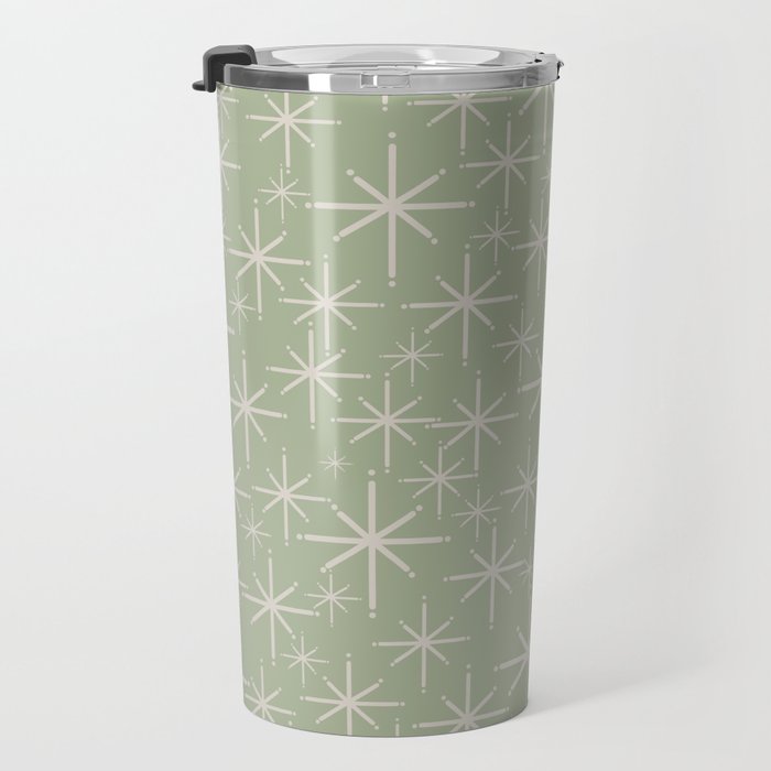 Mid Century Modern Twinkling Retro Starburst Pattern in Sage Green and Beige Travel Mug Gallery Image 3