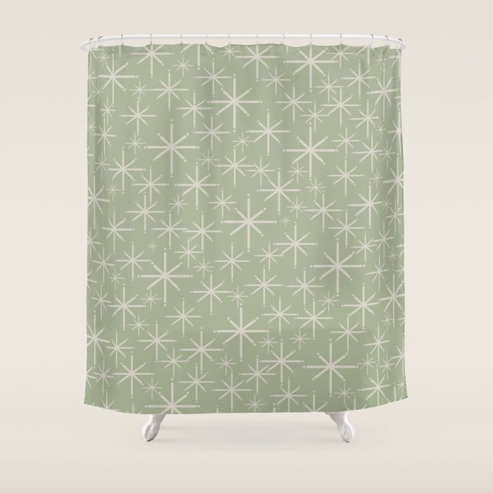 Mid Century Modern Twinkling Retro Starburst Pattern in Sage Green and Beige Shower Curtain Gallery Image 1