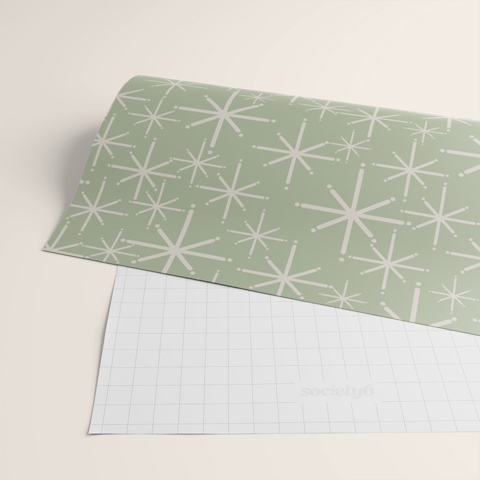 Mid Century Modern Twinkling Retro Starburst Pattern in Sage Green and Beige Wrapping Paper Gallery Image 2