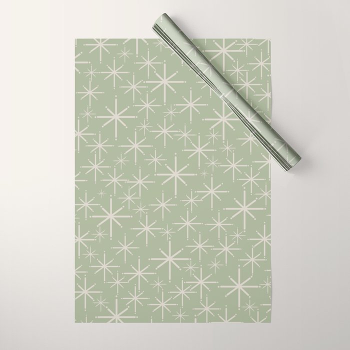 Mid Century Modern Twinkling Retro Starburst Pattern in Sage Green and Beige Wrapping Paper Gallery Image 1