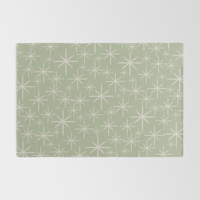 Mid Century Modern Twinkling Retro Starburst Pattern in Sage Green and Beige Rug Gallery Image 2
