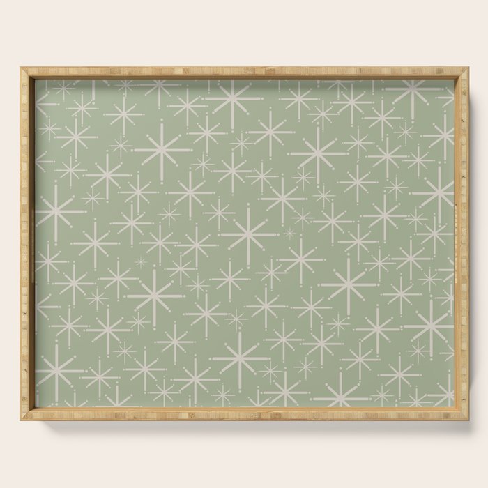 Mid Century Modern Twinkling Retro Starburst Pattern in Sage Green and Beige Serving Tray Gallery Image 1