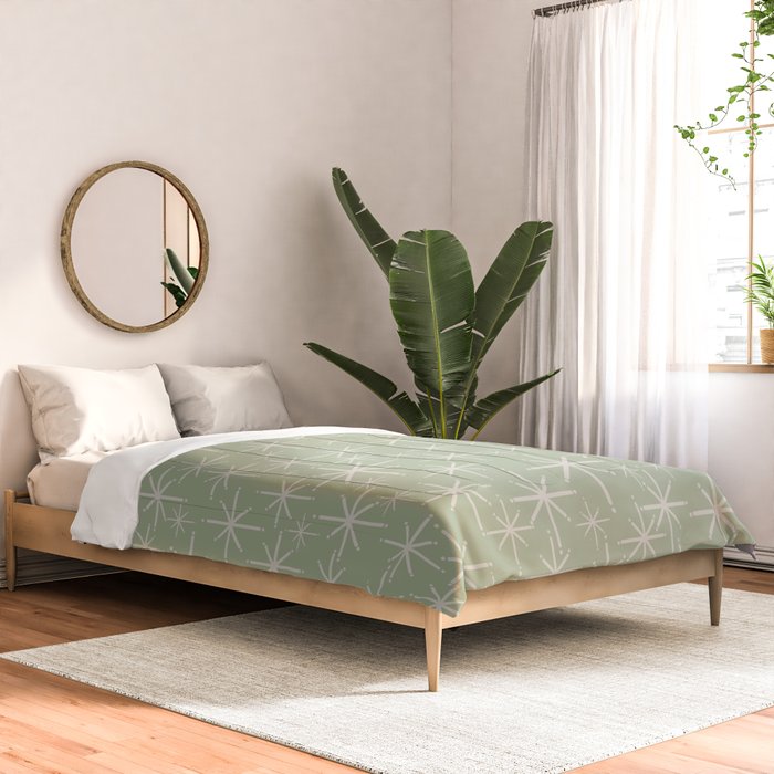 Mid Century Modern Twinkling Retro Starburst Pattern in Sage Green and Beige Comforter Gallery Image 2