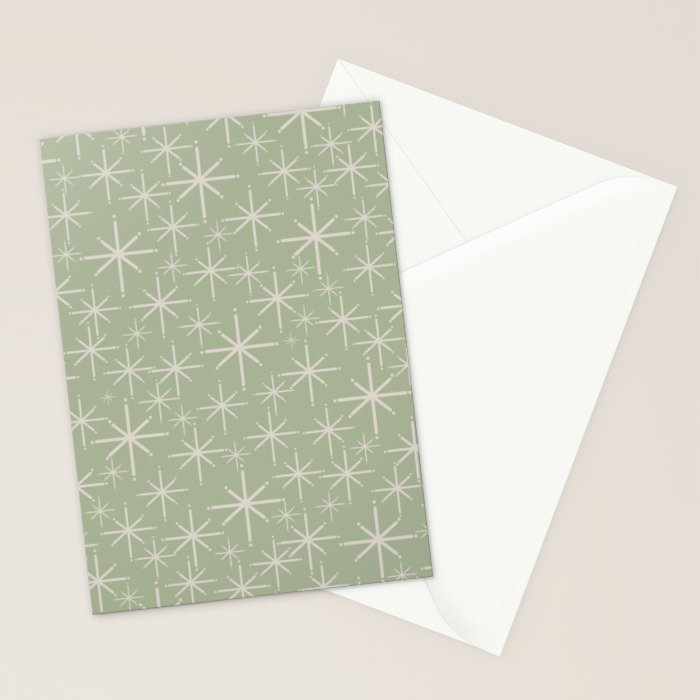 Mid Century Modern Twinkling Retro Starburst Pattern in Sage Green and Beige Stationery Card Gallery Image 2