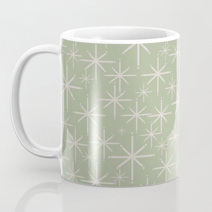 Mid Century Modern Twinkling Retro Starburst Pattern in Sage Green and Beige Coffee Mug Gallery Image 3