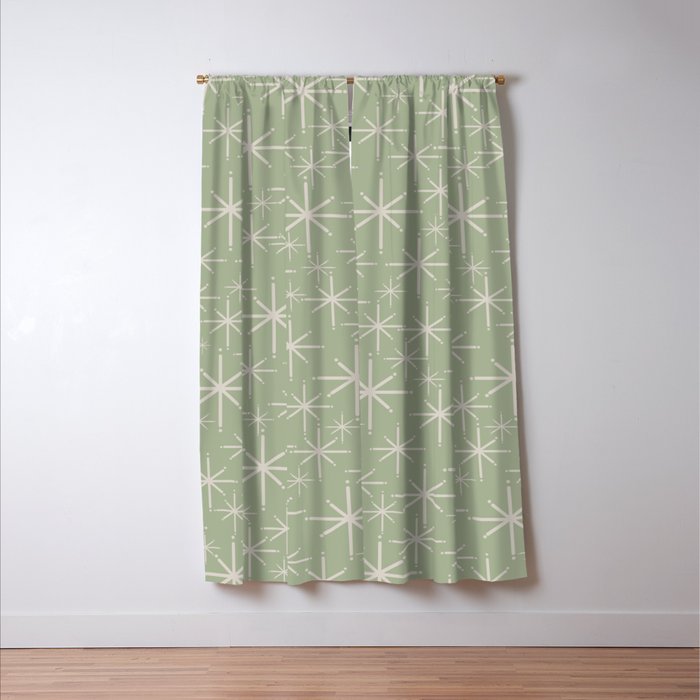 Mid Century Modern Twinkling Retro Starburst Pattern in Sage Green and Beige Window Curtain Gallery Image 3