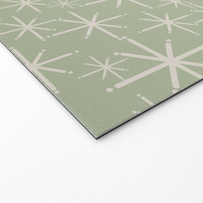 Mid Century Modern Twinkling Retro Starburst Pattern in Sage Green and Beige Welcome Mat Gallery Image 2