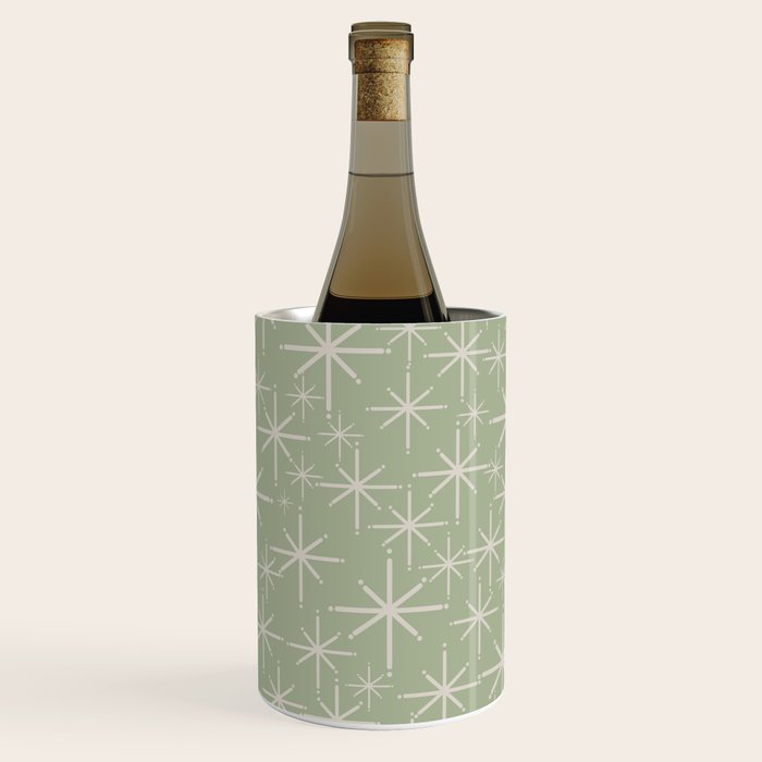 Mid Century Modern Twinkling Retro Starburst Pattern in Sage Green and Beige Wine Chiller Gallery Image 3