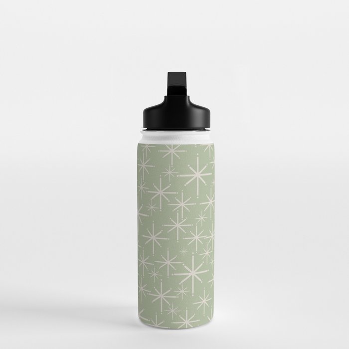 Mid Century Modern Twinkling Retro Starburst Pattern in Sage Green and Beige Water Bottle Gallery Image 3