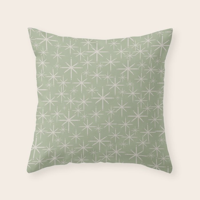 Mid Century Modern Twinkling Retro Starburst Pattern in Sage Green and Beige Throw Pillow Gallery Image 6