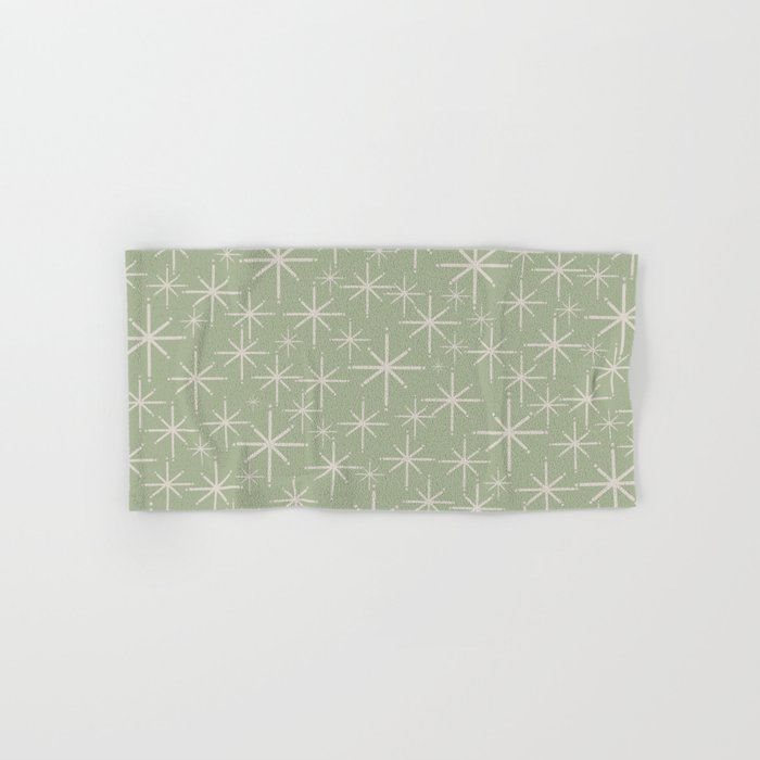 Mid Century Modern Twinkling Retro Starburst Pattern in Sage Green and Beige Bath Towel Gallery Image 1