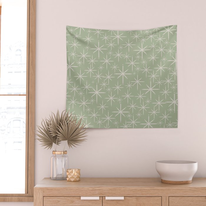 Mid Century Modern Twinkling Retro Starburst Pattern in Sage Green and Beige Wall Tapestry Gallery Image 2