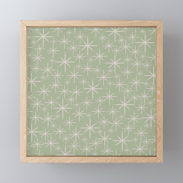 Mid Century Modern Twinkling Retro Starburst Pattern in Sage Green and Beige Mini Art Print Gallery Image 1