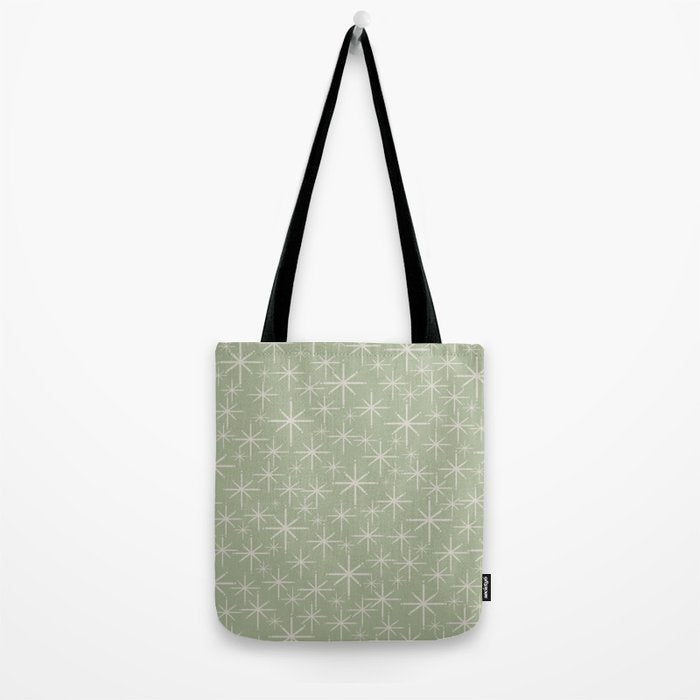 Mid Century Modern Twinkling Retro Starburst Pattern in Sage Green and Beige Tote Bag Gallery Image 2