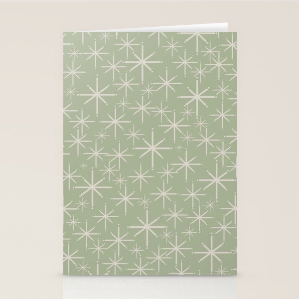 Mid Century Modern Twinkling Retro Starburst Pattern in Sage Green and Beige Stationery Card Gallery Image 2