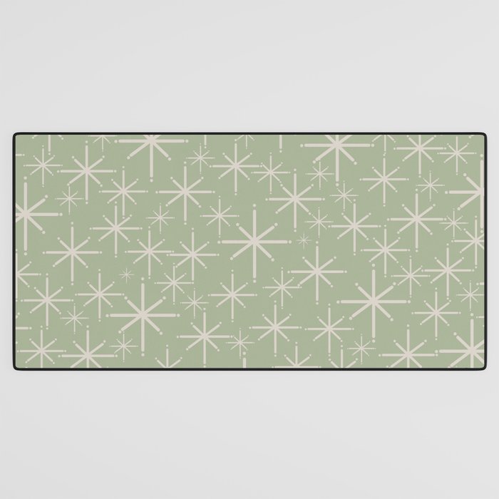 Mid Century Modern Twinkling Retro Starburst Pattern in Sage Green and Beige Desk Mat Gallery Image 3
