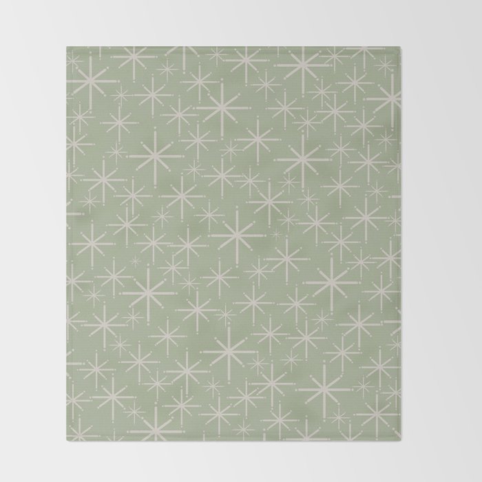 Mid Century Modern Twinkling Retro Starburst Pattern in Sage Green and Beige Throw Blanket Gallery Image 2