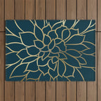 Festive, Floral Prints, Line Art, Dark Teal and Gold Outdoor Rug Gallery Image 1