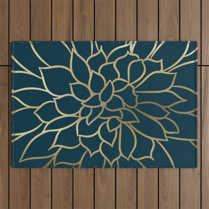 Festive, Floral Prints, Line Art, Dark Teal and Gold Outdoor Rug Gallery Image 1