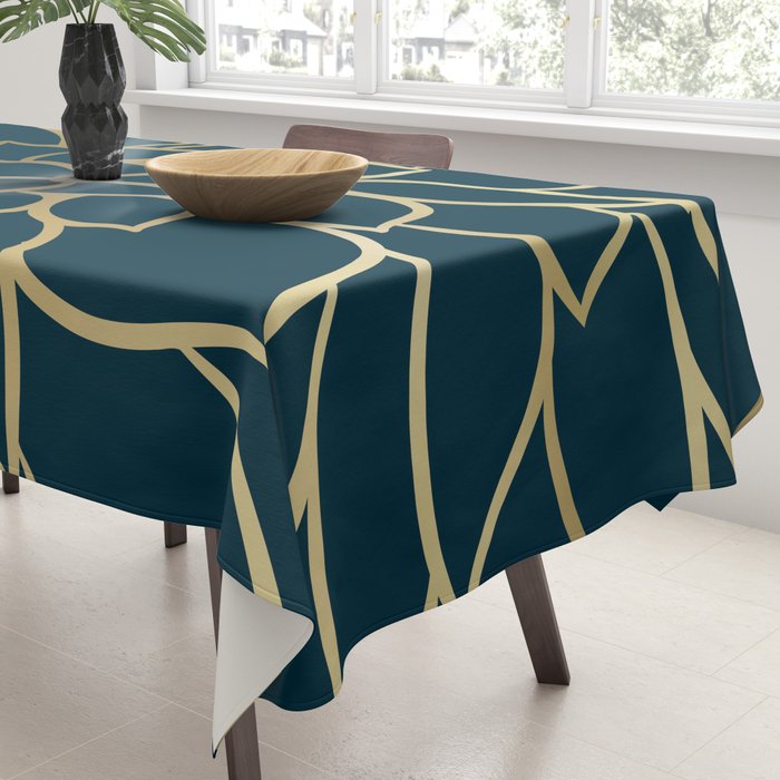 Festive, Floral Prints, Line Art, Dark Teal and Gold Tablecloth Gallery Image 3
