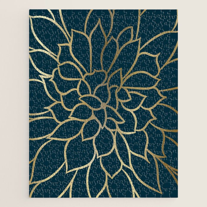 Festive, Floral Prints, Line Art, Dark Teal and Gold Jigsaw Puzzle Gallery Image 1