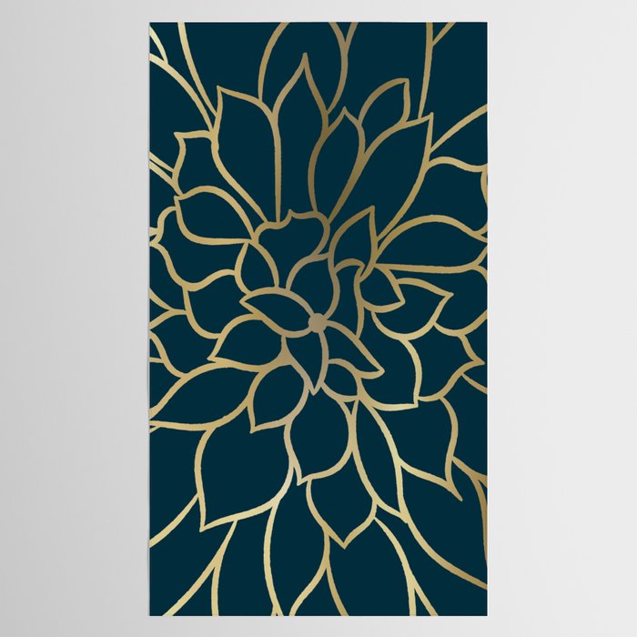 Festive, Floral Prints, Line Art, Dark Teal and Gold Tablecloth Gallery Image 2