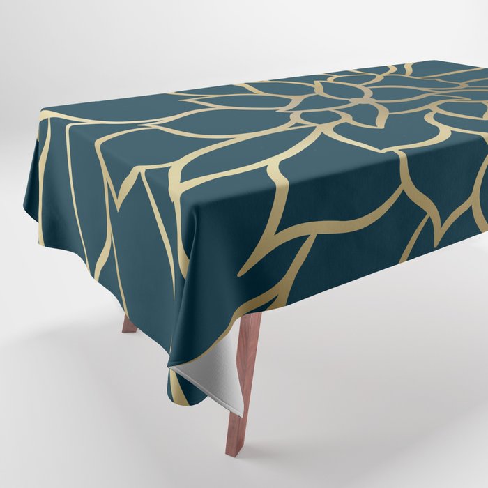 Festive, Floral Prints, Line Art, Dark Teal and Gold Tablecloth Gallery Image 1