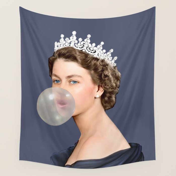 Queen Elizabeth in blue satin blowing a bubble gum Wall Tapestry Gallery Image 1