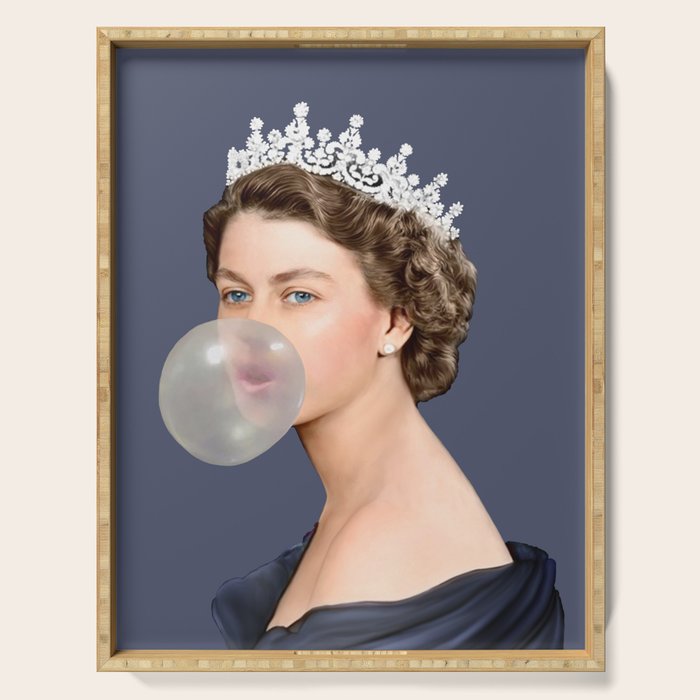 Queen Elizabeth in blue satin blowing a bubble gum Serving Tray Gallery Image 1