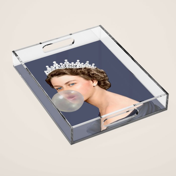 Queen Elizabeth in blue satin blowing a bubble gum Acrylic Tray Gallery Image 1