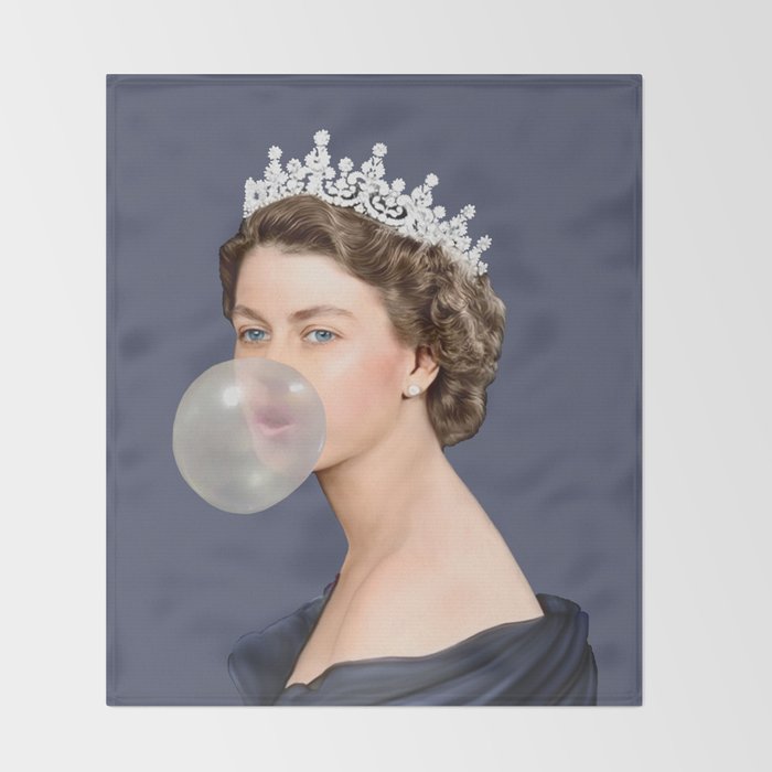 Queen Elizabeth in blue satin blowing a bubble gum Throw Blanket Gallery Image 2