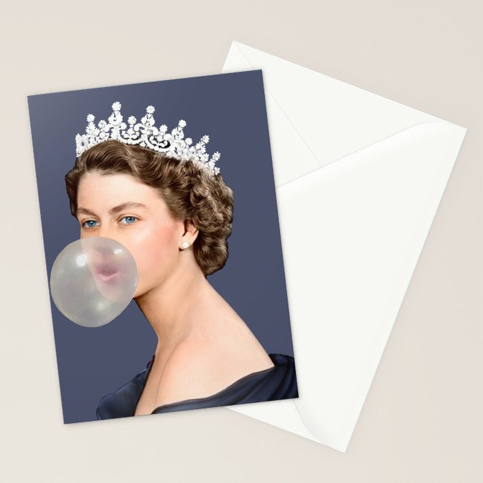 Queen Elizabeth in blue satin blowing a bubble gum Stationery Card Gallery Image 2