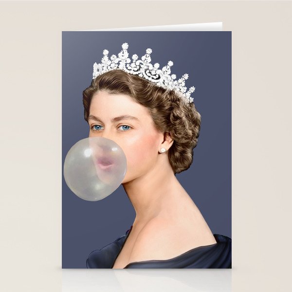 Queen Elizabeth In Blue Satin Blowing A Bubble Gum Stationery Card