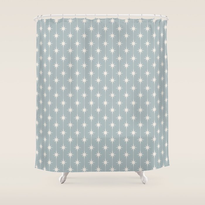 Midcentury Stars and Dots Pattern in Light Blue Gray and Cream Shower Curtain Gallery Image 1