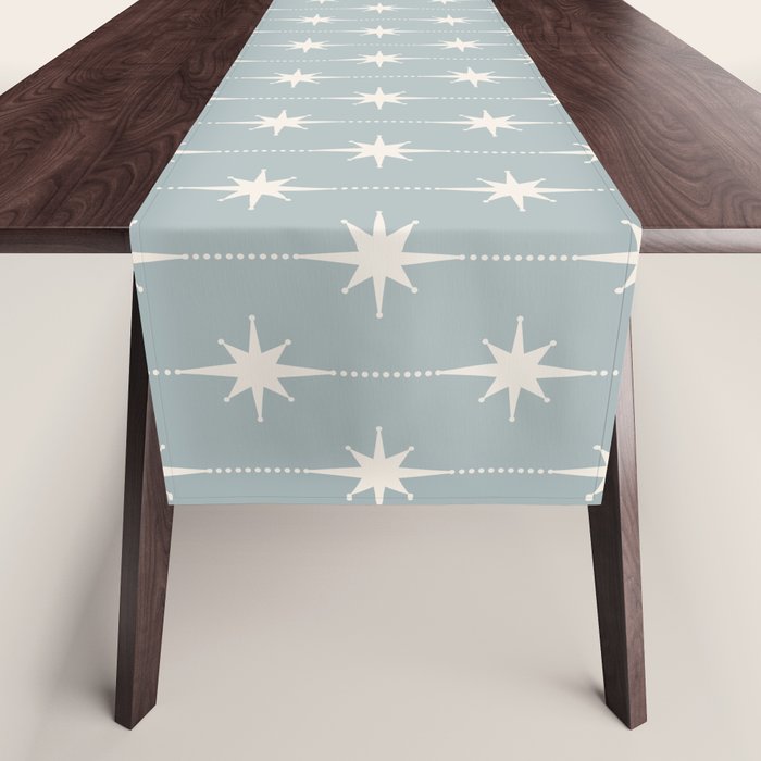 Midcentury Stars and Dots Pattern in Light Blue Gray and Cream Table Runner Gallery Image 1