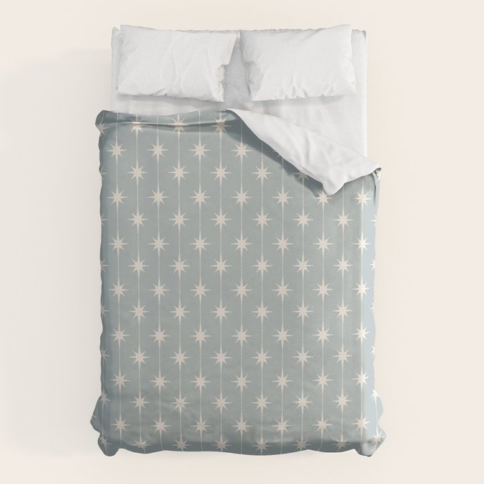 Midcentury Stars and Dots Pattern in Light Blue Gray and Cream Duvet Cover Gallery Image 6