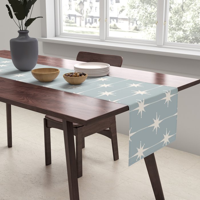Midcentury Stars and Dots Pattern in Light Blue Gray and Cream Table Runner Gallery Image 2