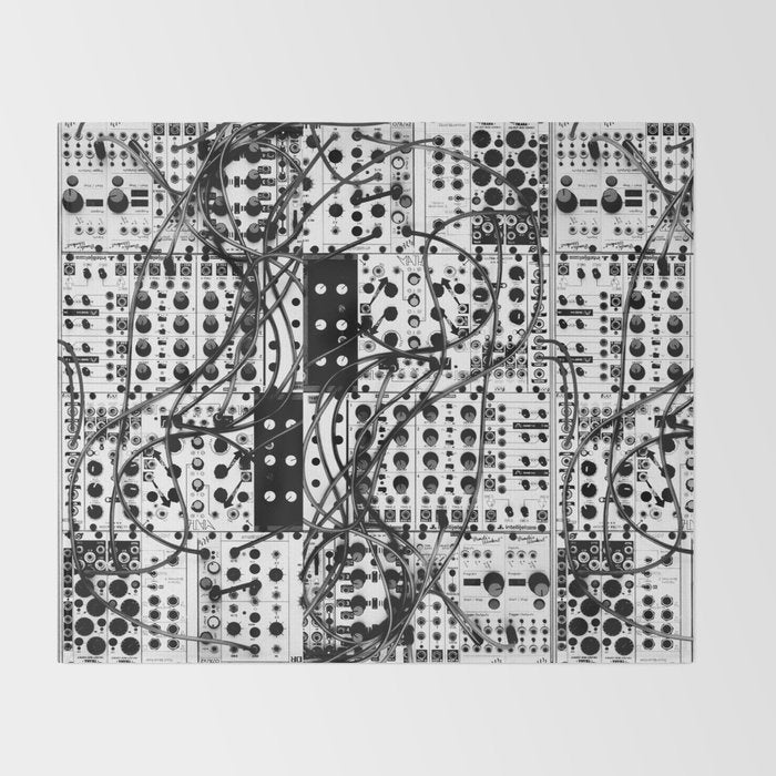 analog synthesizer system - modular black and white Throw Blanket Gallery Image 2