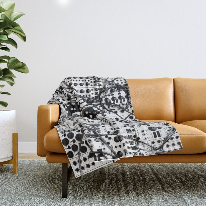 analog synthesizer system - modular black and white Throw Blanket Gallery Image 1