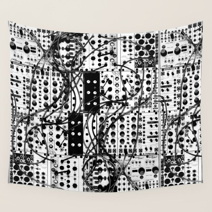 analog synthesizer system - modular black and white Wall Tapestry Gallery Image 1