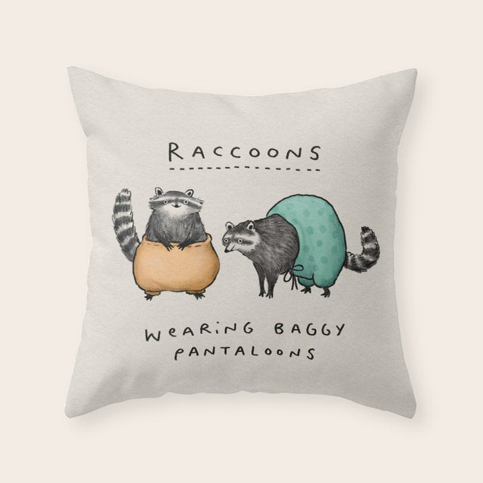 Raccoons Wearing Baggy Pantaloons Throw Pillow Gallery Image 1