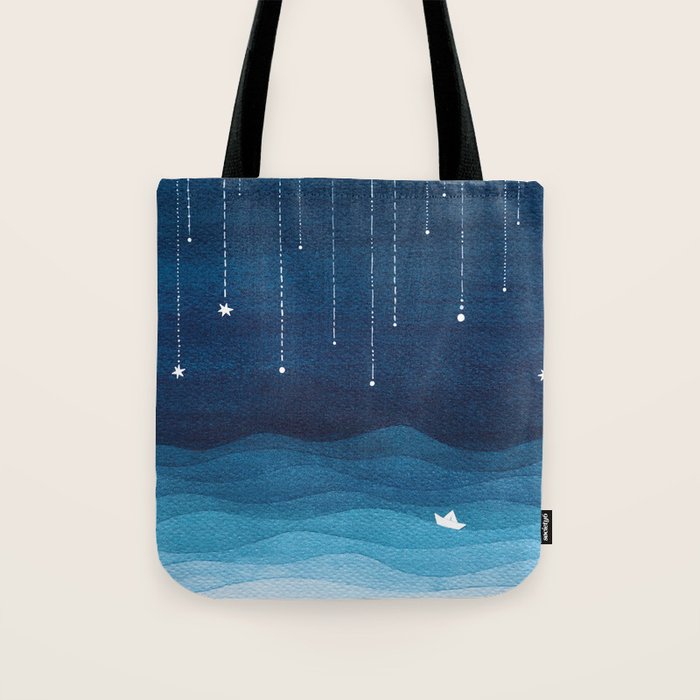 Falling stars, blue, sailboat, ocean Tote Bag Gallery Image 1