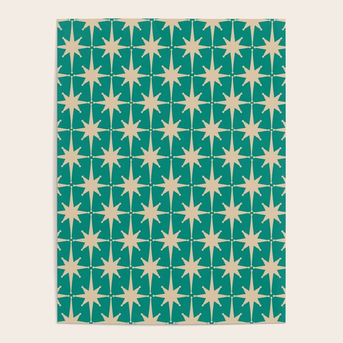 Atomic Age 1950s Retro Starburst Pattern in Mid-Century Modern Beige and Turquoise Teal   Poster Gallery Image 4
