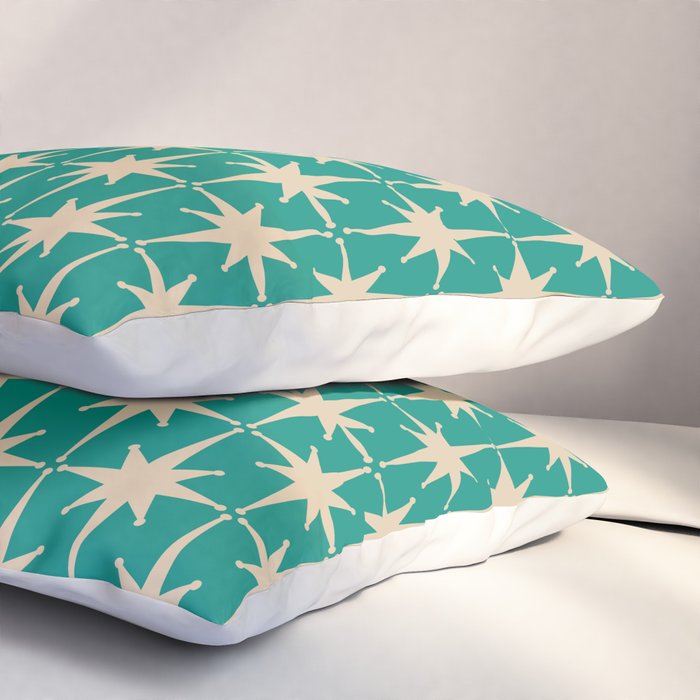 Atomic Age 1950s Retro Starburst Pattern in Mid-Century Modern Beige and Turquoise Teal   Pillow Sham Gallery Image 3