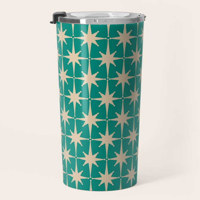 Atomic Age 1950s Retro Starburst Pattern in Mid-Century Modern Beige and Turquoise Teal   Travel Mug Gallery Image 3