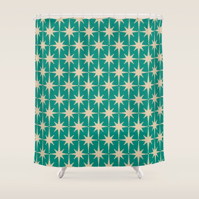Atomic Age 1950s Retro Starburst Pattern in Mid-Century Modern Beige and Turquoise Teal   Shower Curtain Gallery Image 1