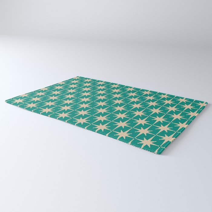 Atomic Age 1950s Retro Starburst Pattern in Mid-Century Modern Beige and Turquoise Teal   Rug Gallery Image 3