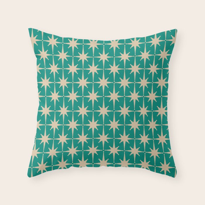 Atomic Age 1950s Retro Starburst Pattern in Mid-Century Modern Beige and Turquoise Teal   Throw Pillow Gallery Image 6